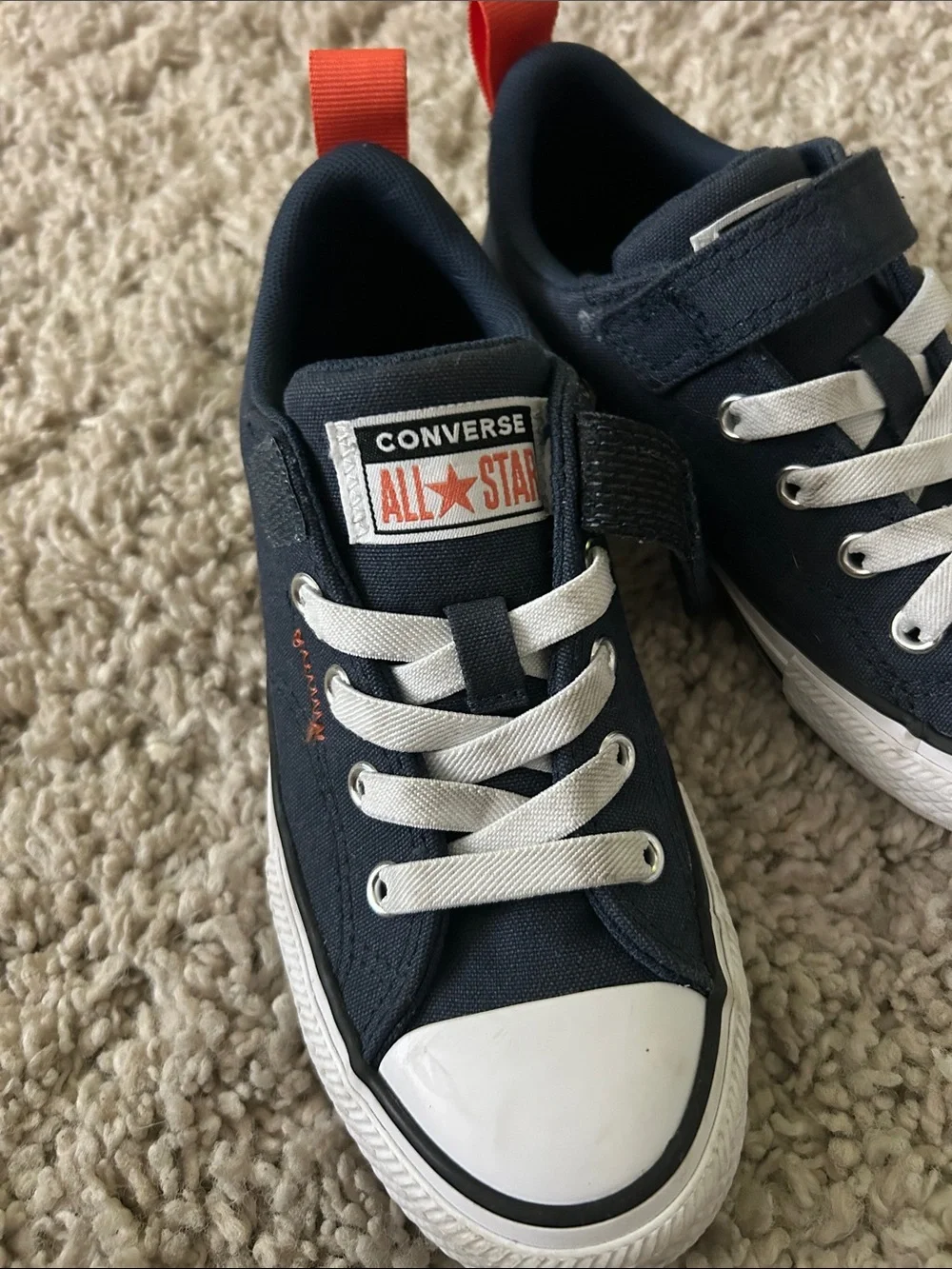 Converse Kids Navy Low-Top Sneakers with White Toe and Orange Pull Tab